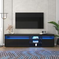 Meuble TV Moderne Noir avec LED - Étagères en Verre 3 Portes, Meuble Rangement Buffet Salon Haute Brillance - 180x35x45cm