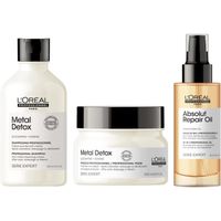 | Trio Metal Detox pour Cheveux Colorés Décolorés - Shampoing Anti-Métal + Masque Protecteur Anti-Dépôt + Huile de Finition