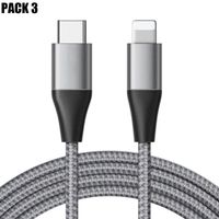 Lot-3 Câble USB-C vers Lightning Charge Rapide 3A pour iPhone 14 Pro Max, 14 Plus, 13 Pro Max - Nylon Tressé 1M Gris