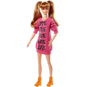 POUPÉE Barbie Fashionistas poupée mannequin #79 aux cheveux châtains et avec couettes, robe pull rose 