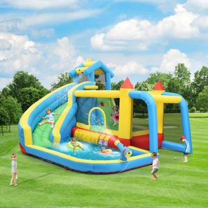 AIRE DE JEUX GONFLABLE Chateau gonflable 5 en 1 pour enfants 3 à 10 ans, avec toboggan, zone de saut, piscine d'eau, filet de football, 364 x 315 x 239 cm