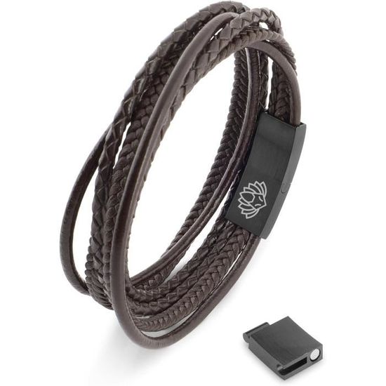 Bracelet magnétique en cuir véritable tressé noir marron avec fermoir magnétique en acier inoxydable pour homme (1 noir