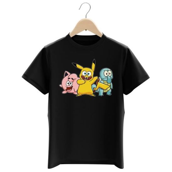 T Shirt Enfant Noir Pokemon Bob L Eponge Parodique Bob Carlo Et Patrick Cosplayes En Pikachu Carapuce Et Rondoudou Une Troupe Noir Cdiscount Pret A Porter