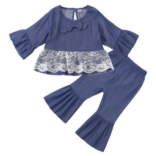 Costume Bébé Fille Juflam - Haut Volants + Pantalon Bow Jeans - Taille 0-18 Mois - Coton Doux