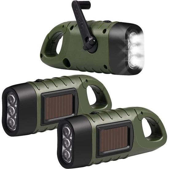 Lampe De Poche Solaire Et à Manivelle - Triple LED, Boucle De Portage - Alimentation Double (solaire/manuelle) Pour Urgences Et Camping
