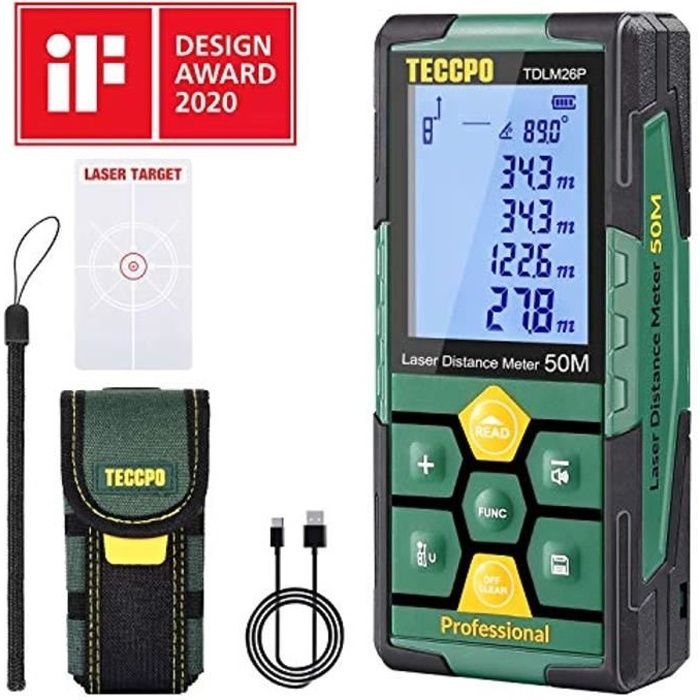 Télémètre laser 50m TECCPO, USB 30mins Charge rapide, Décoration intérieure, Capteur d'angle électronique, 99 stockage, 2.25'' LCD É