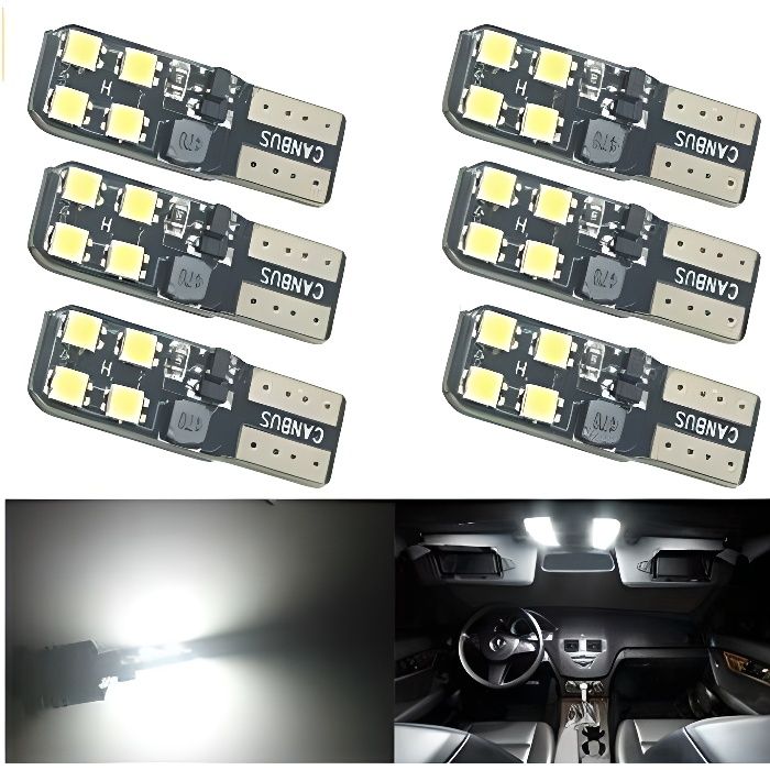 6x Ampoule T10 W5W LED 8 SMD 6000k pour Voiture veilleuses Canbus Lumière 12V