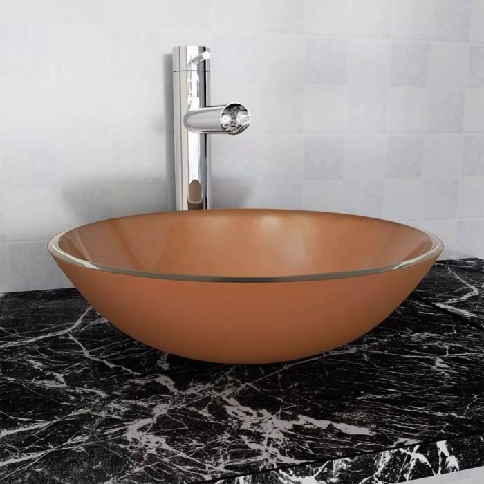 Lavabo Vasque à poser Salle de Bain Lave Main Haut de Gamme Verre trempé 42 cm Marron