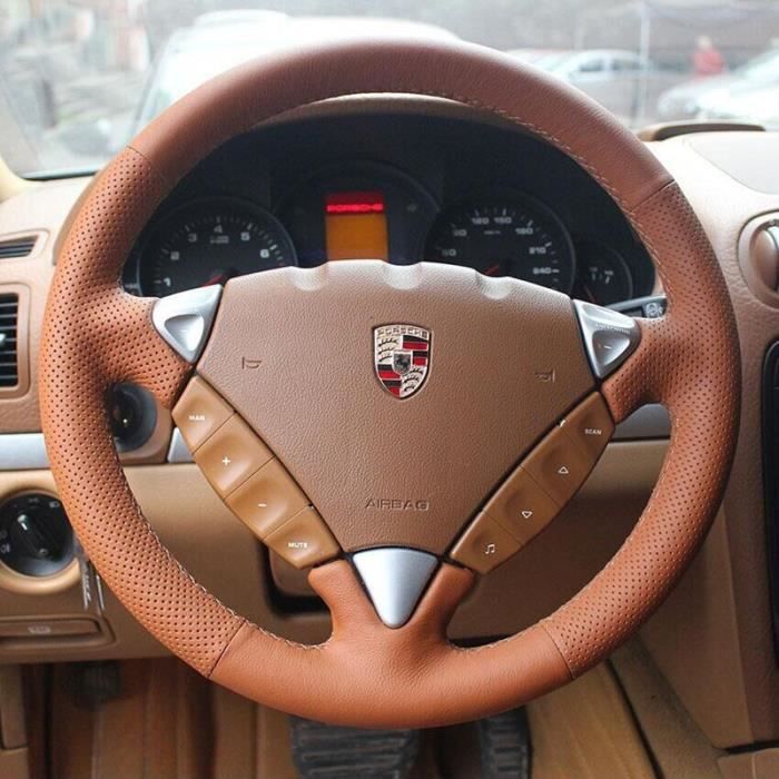 Housse en cuir tout marron et fil marron, pour volant, couture à la main, compatible avec Porsche Cayenne 2006 – B Type -GZ12253