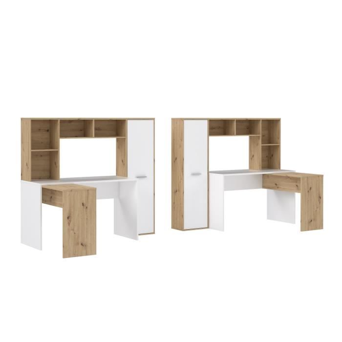 Bureau d'angle gauche/droite 1 porte - Décor Blanc mat et chêne artisan - L 173 x P 116 x H 152 cm - ERIADU