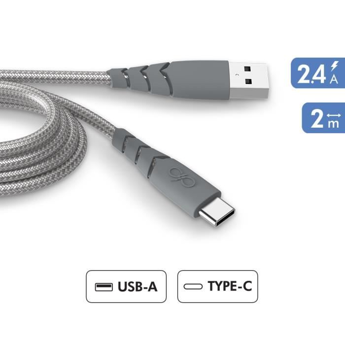 Câble Ultra-renforcé USB A/USB C 2m 3A Garanti à vie Gris - 100% Plastique recyclé Force Power