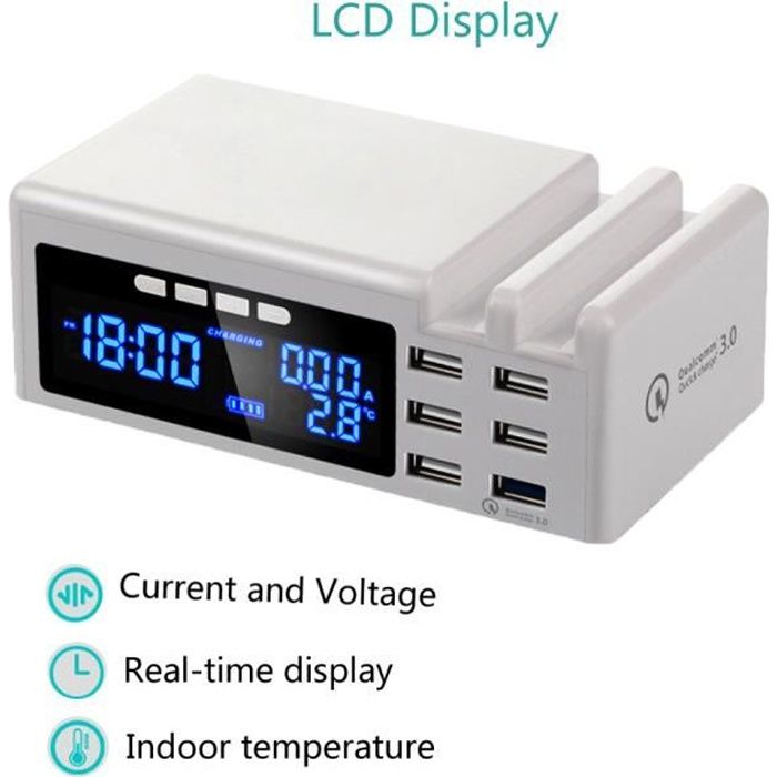 Chargeur Intelligent Station de charge 6 ports Adapteur Hub USB Affichage de l'heure Température compatible avec iPhone Pad Samsung