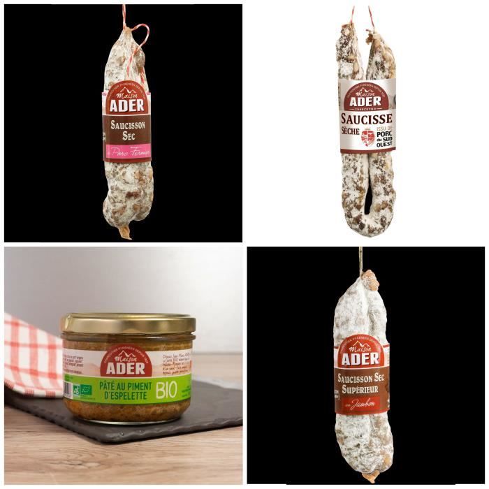 Assortiment de charcuterie : saucisse sèche 300g, saucisson de porc fermier 250g, saucisson jambon de coche 280g , paté porc au pime