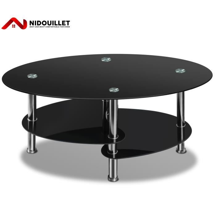 Nidouillet Table de Salon/Table basse en verre trempé ovale Haute Brillance, Nior,90 x 50 x45 cm AB026