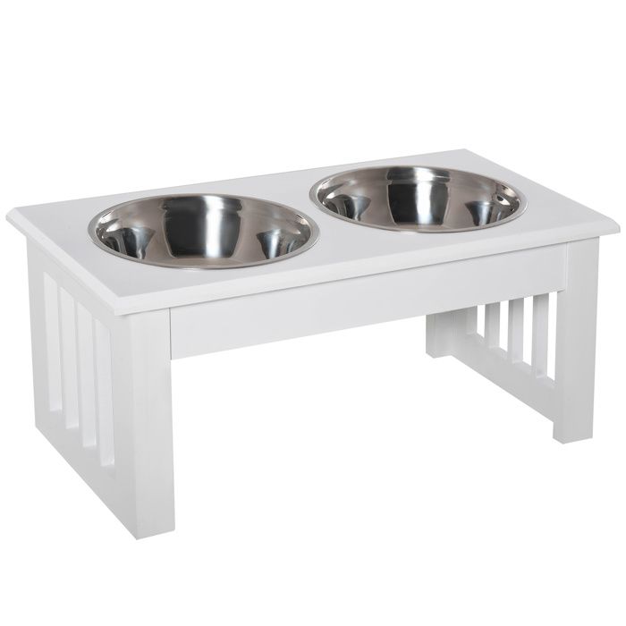 Gamelle double chien chat Porte-gamelles surélevé dim. 44L x 24l x 15H cm 2 gamelles acier inox. incluses MDF blanc 44x24x15cm Blanc