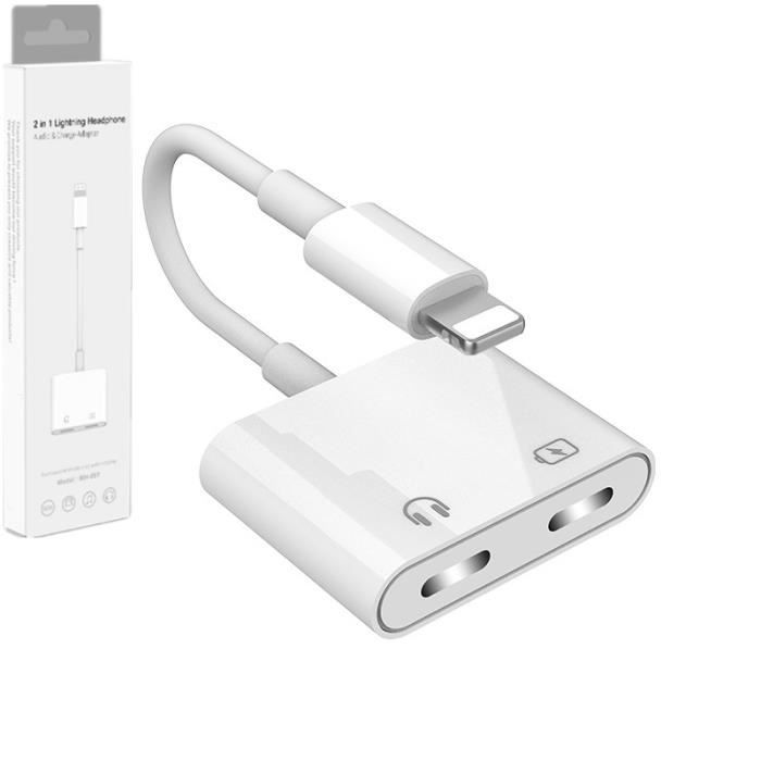 2 en 1 Adaptateur de Lightning,Double Lightning Casque Chargeur Convertisseur pour Apple iPhone SE/11/11 Pro/11 Pro max/X/XR/XS/8