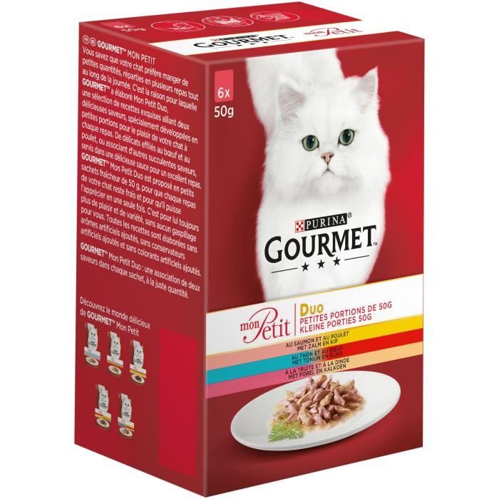 GOURMET Mon Petit Duo - Au saumon et au poulet - Au thon et au bœuf - A la truite et à la dinde - Pour chat adulte - 6 x 50 g