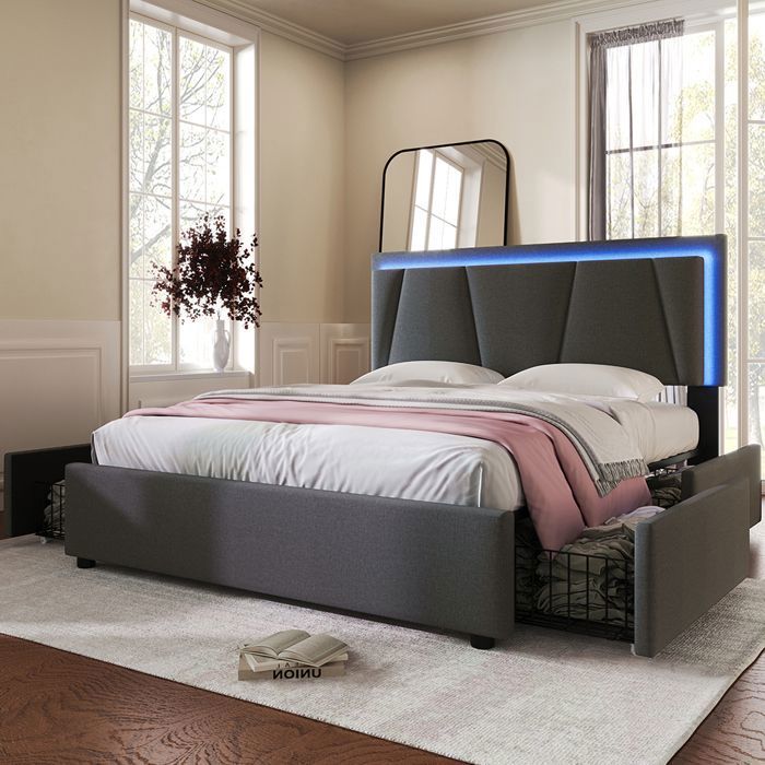 Lit Enfant 90x200 Cm Avec Tête De Lit Couronne Et Bande LED - 2 Tiroirs De Rangement - Cadre Avec Sommier à Lattes - Rose/Blanc - Sans Matelas