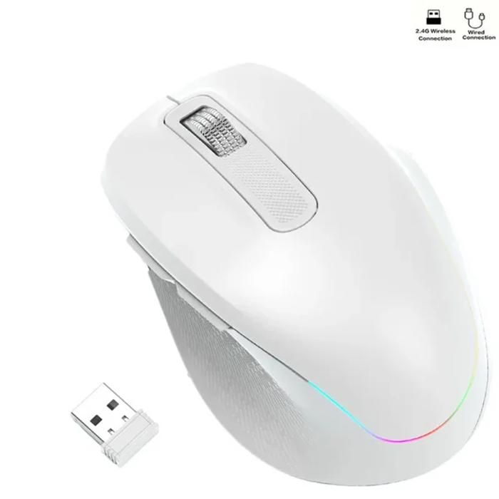 Souris sans fil – 1600 DPI Max – Silencieuse – MC329 – 2.4G USB Récepteur – Bluetooth5.0 – 10m Max –  RGB – Type-C – Blanc