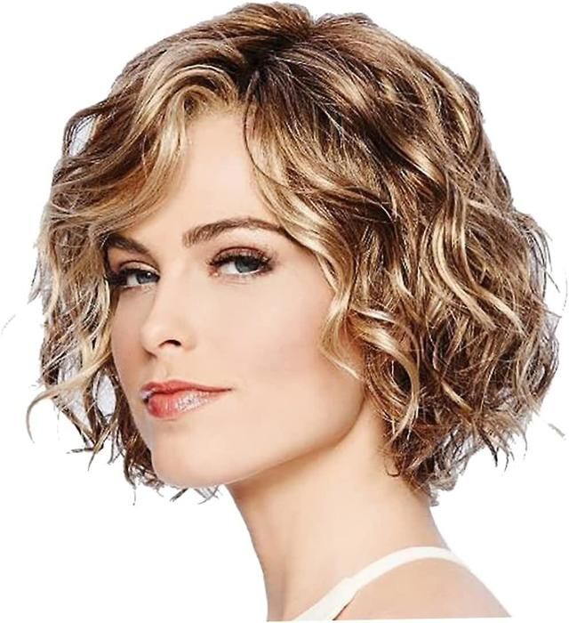 Perruque Bob ondulée brune mixte courte ondulée bouclée synthétique aspect naturel perruques fibre résistante à la chaleur cheveux