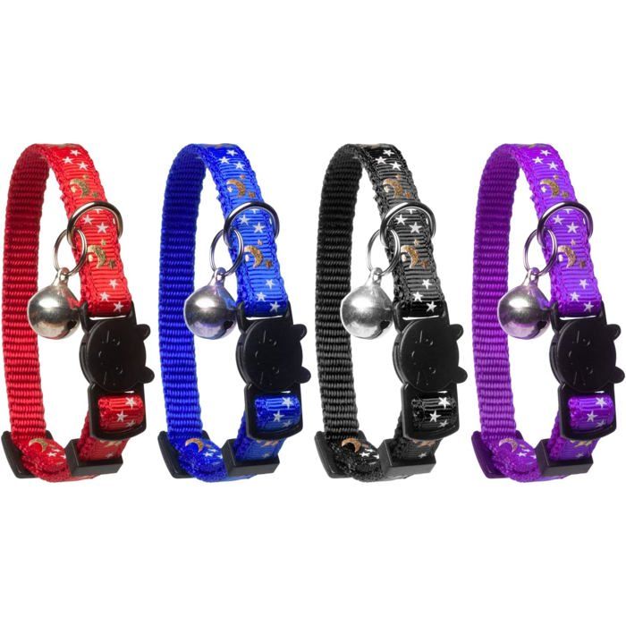 Meilleurs prix pour Version améliorée - Collier pour chat étoiles et lune paquet de 4 réfléchissant avec clochette colliers solides et sûrs pour