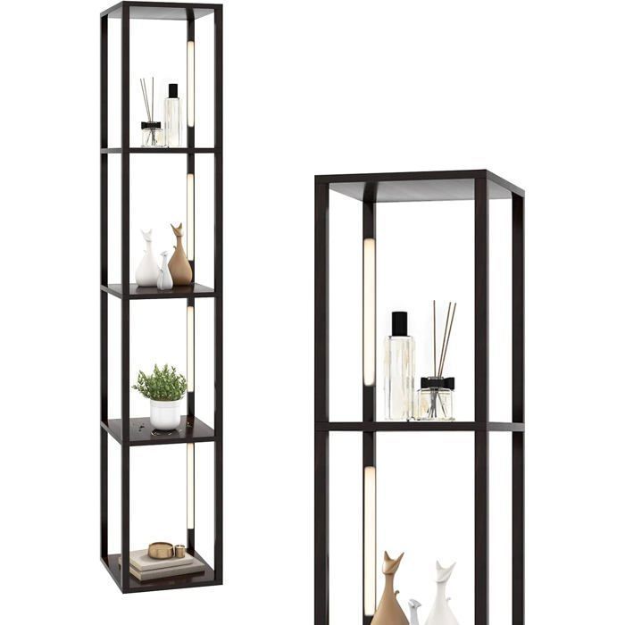Lampadaire Salon en Bois 163cm COSTWAY 4 Étagères LED à 3 Intensités Variable Poteaux LED Rotatifs 360° Interrupteur au Pied Noyer