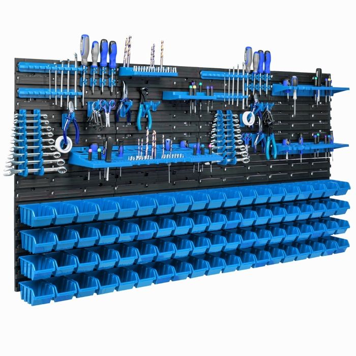 Étagère murale - BOTLE - 156 x 78 cm - 76 boîtes bleues - Porte-outils inclus - Plastique durable