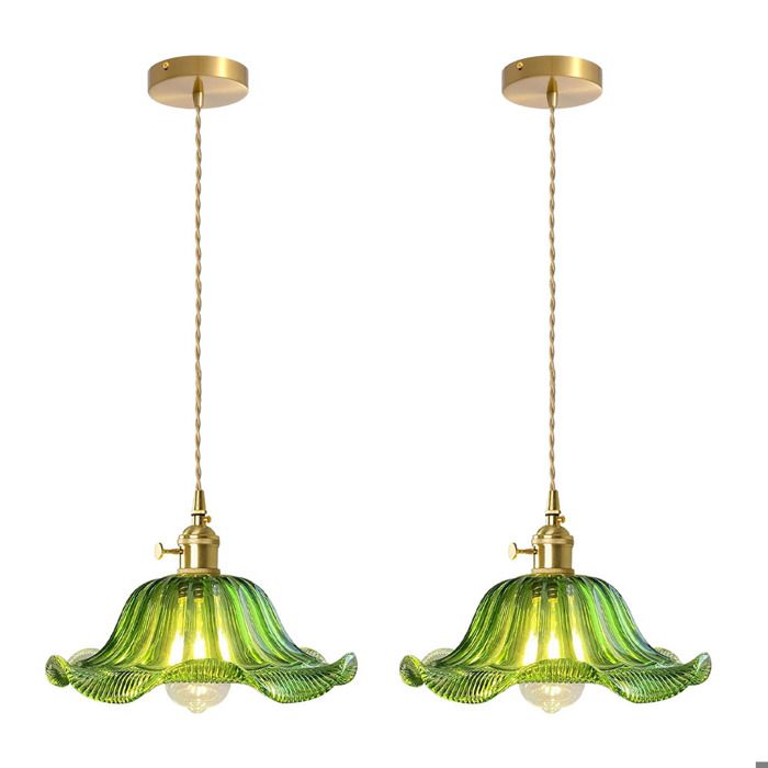 iDEGU 2pcs Suspension Luminaire Vintage25cm Lampe de Plafond Industriel Abat-jour en Verre Design Fleur Lustre Style EdisonVert