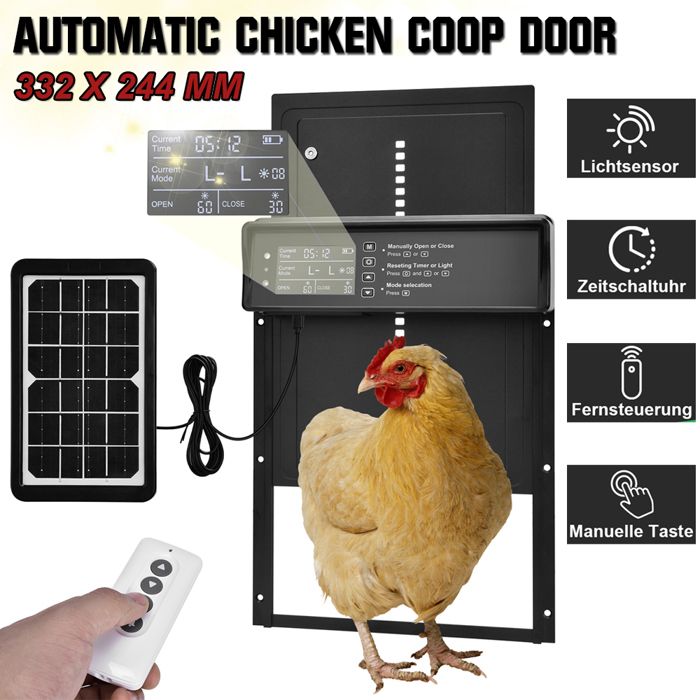 Meilleurs prix pour Porte Poulailler Solaire Automatique en Alliage daluminium Électrique avec Écran LED Télécommande Minuterie 332x244mm