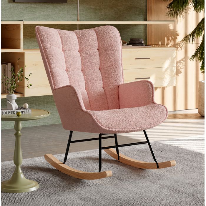 Fauteuil à Bascule - LUMINARIX - Rose - Bois Massif - Dossier Rembourré - Accoudoirs