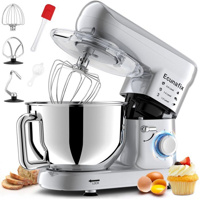 Robot ménager multifonction cuisine Mixeur bol inox 5 L 6 vitesses 1300W - Blanc