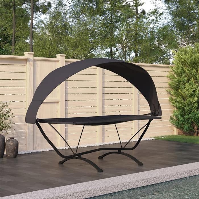 BEWI®Lit de repos dextérieur pour 1/2 personne - Bain de Soleil Transat avec auvent Noir Acier et tissu Oxford &FR825515