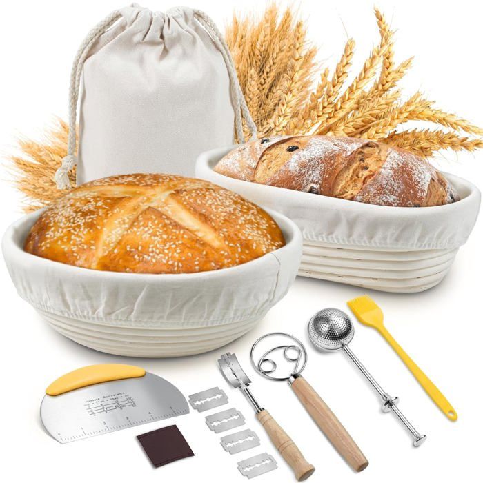 Kit Complet Débutant Levain 10 Pièces - Panier Rond Silicone 25 Cm + Lames + Grattoirs - Idéal Pour Pain Maison & Sourdough