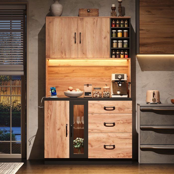 Buffet Haut de Cuisine 180x40x105 cm Armoire Cuisine avec Eclairage LED et Prise USB Etageres Reglables Plan de Travail Noir