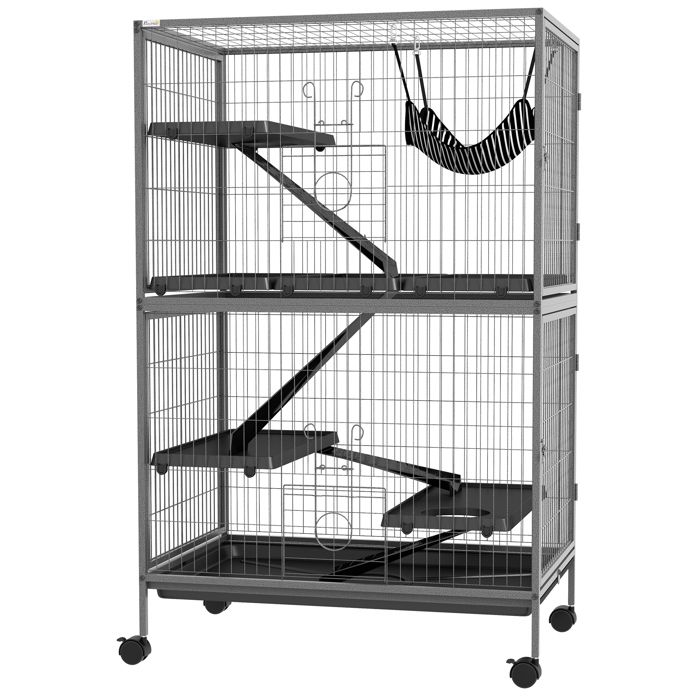 Cage pour rongeurs Multifonction 4 Plateformes 3 rampes 4 Portes dim. 80L x 52l x 128H cm acier Gris argenté Noir