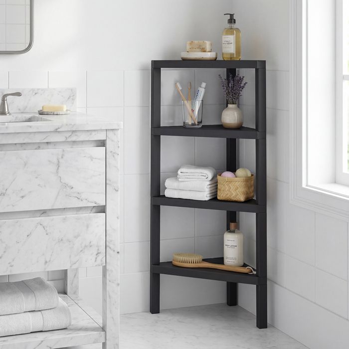 Meuble Étagère dAngle à 4 Niveaux COSTWAY Étagères Ouvertes à Lattes Support pour Plantes pour Salon Cuisine Salle de Bain Noir