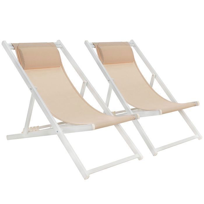 Mondeer Lot de 2 chaises longues pliantes chilienne transat bain de soleil Balcon Terrasse 5 pos réglables58Lx104Px95Hcm Beige