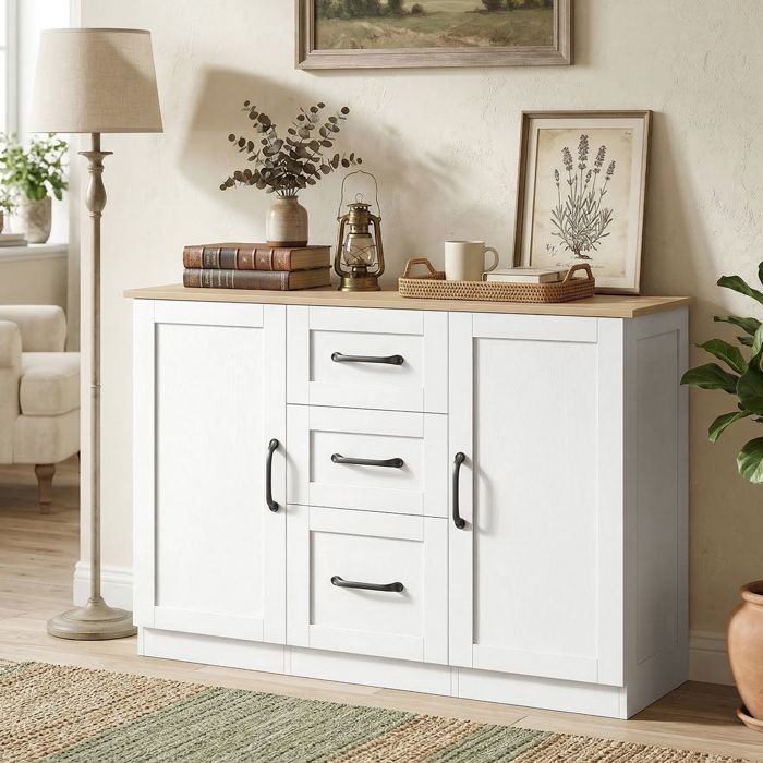 Buffet salon meuble de rangement avec 2 portes à fermeture douce et 3 tiroirs 110x35x804cm blanc et bois naturel