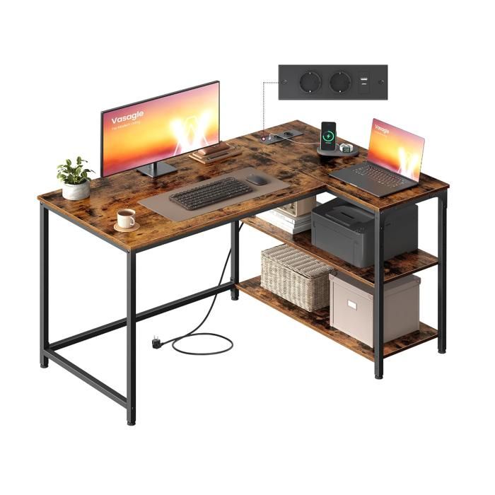Bureau Gaming en L Bureau avec Rangement Étagères Réversibles à Hauteur Réglable pour Domicile avec Prises Courant 110 x 80 cm