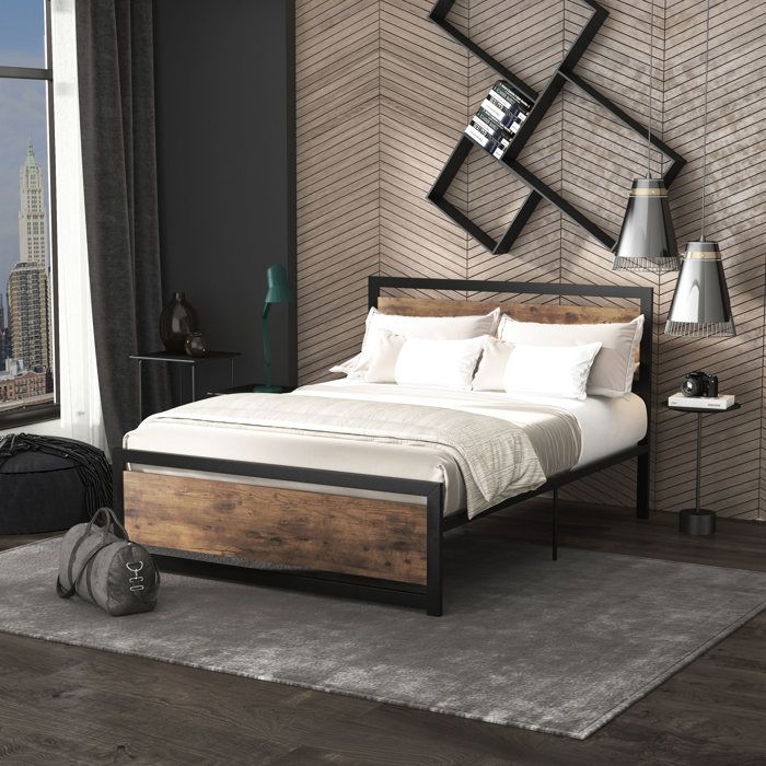 MOTHINESSTO5848-Cadre de lit double en acier avec sommier et tête de lit compatible matelas 190 x 140 cm aspect bois foncé