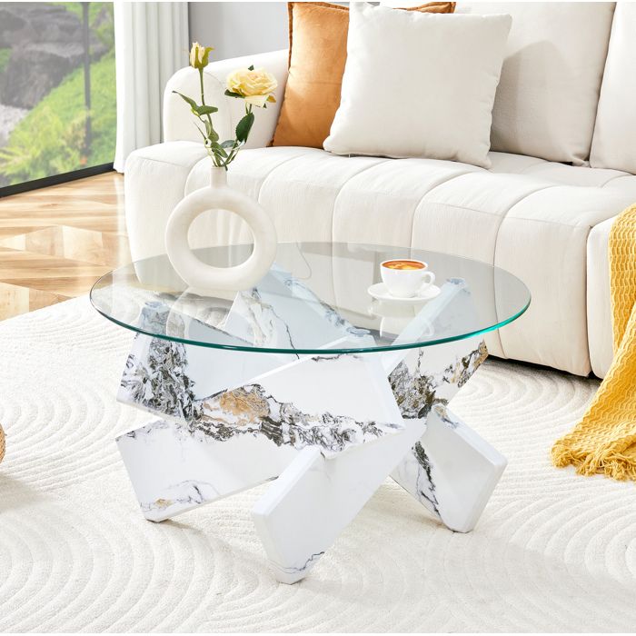 Table basse ronde en verre et MDF blanc effet marbre