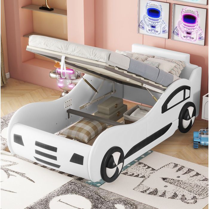 ULEVR Lit voiture enfant 90 x 200 cm avec sommier a lattes rangement sous le lit blanc