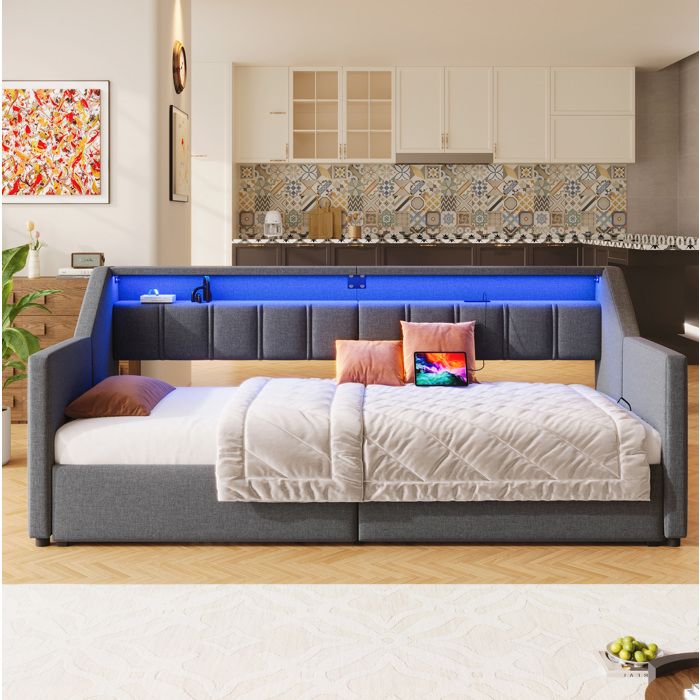 Lit Gigogne 90 × 200 cm Extensible 180 × 200 cm avec USB Type-C LED 2 Tiroirs Sans Matelas Gris - UVRION