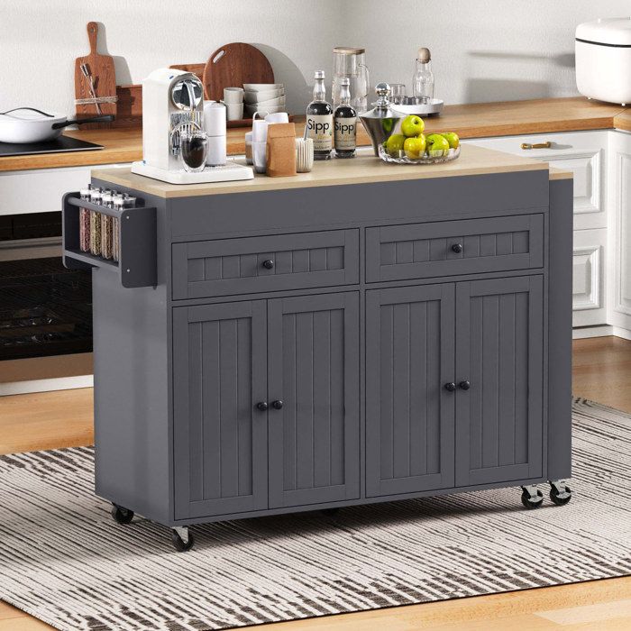 Desserte de cuisine112-180.5x45x92.2 cm plateau extensible 7 roulettes MDF gris et naturel