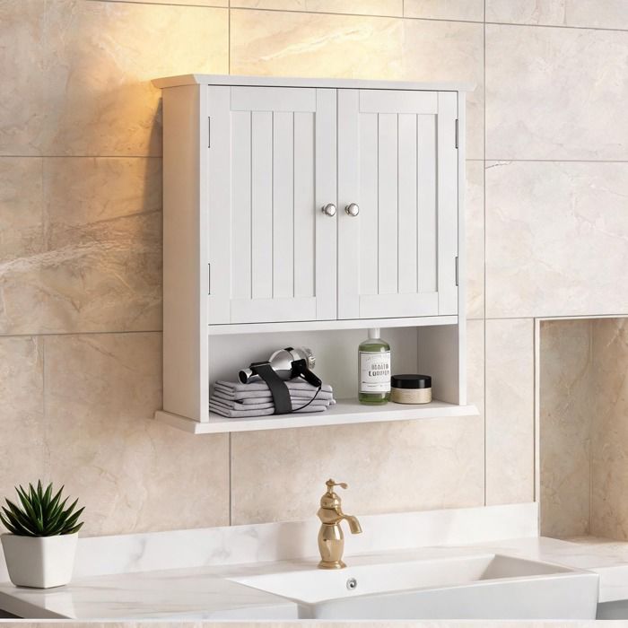 Meuble de salle de bain mural blanc gain de place MDF laqué avec portes et étagères réglables 54.6 x 19.8 x 59.9 cm