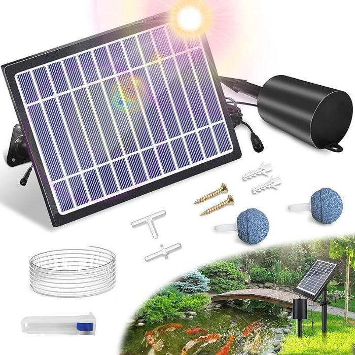 Aérateur Solaire de Bassin Avec Pompe à Air 3 Modes (18H/36H/72H) - 4 W 2200 mAh Régulateur de Bulles Pour Petits Bassins