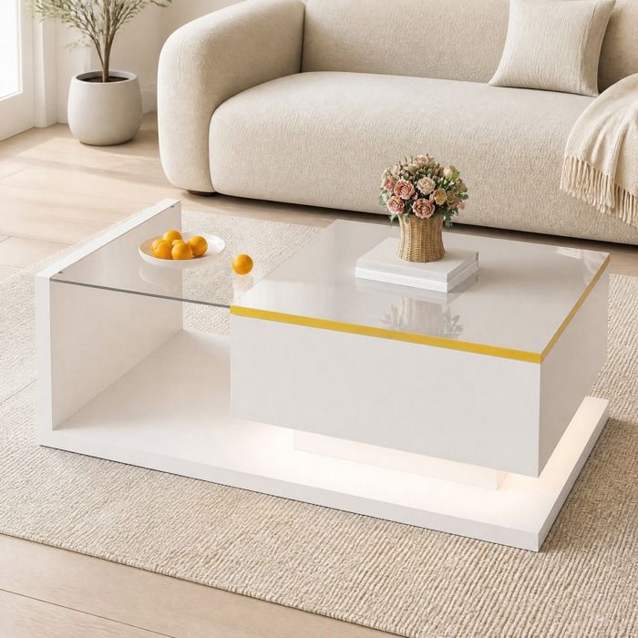Table basse rectangulaire blanche brillante 90 cm – plateau en verre trempé LED 16 couleurs rangement