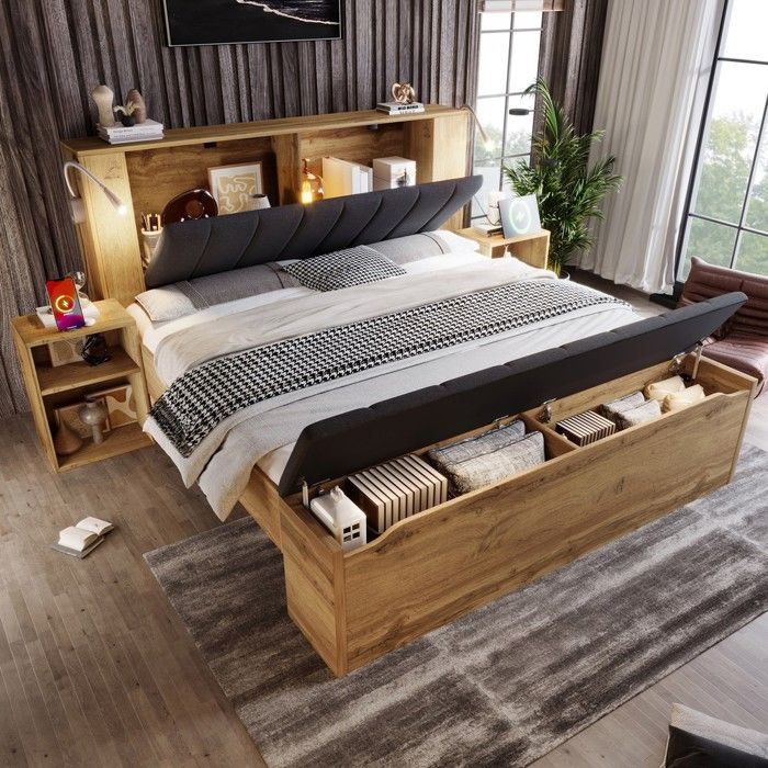 Lit double bois - Zephmum - 160x200 tête pliable lin rangement 2 tables nuit banc lampes USB lattes chêne sans matelas