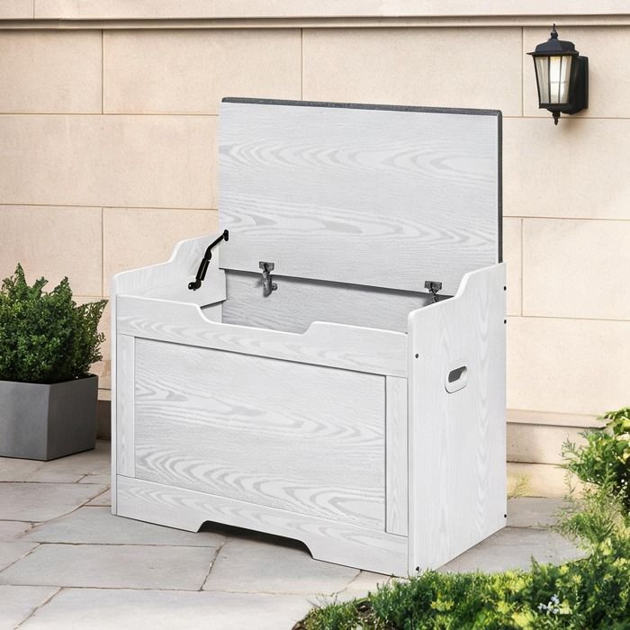 Coffre de rangement avec assise 103 L en panneaux mélaminés blanc coussin gris amovible pour chambre ou entrée