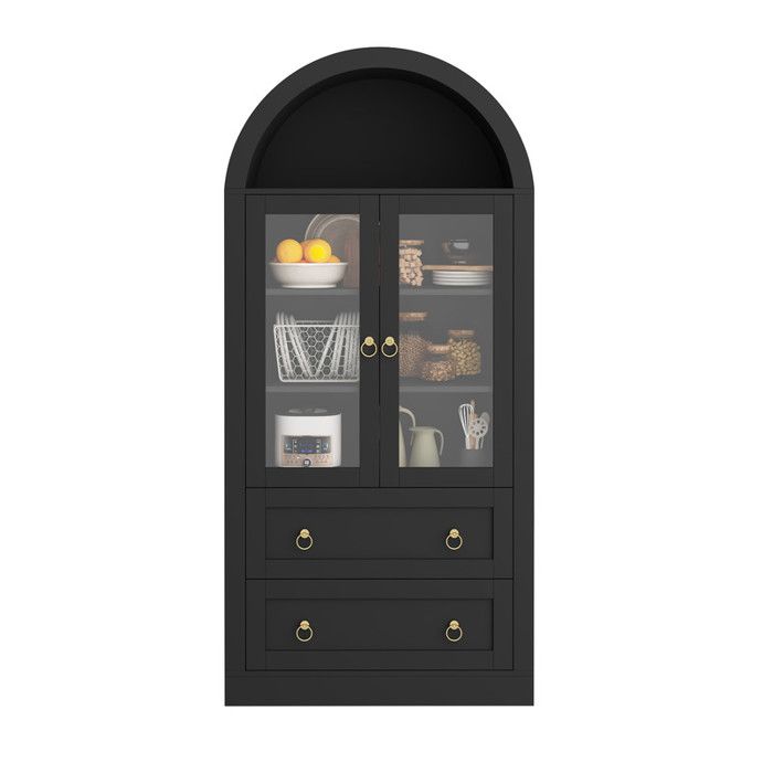 Armoire haute arche 80x36x170 cm noire vitrée avec tiroirs et portes verre meuble de rangement multifonction pour salon et cuisine
